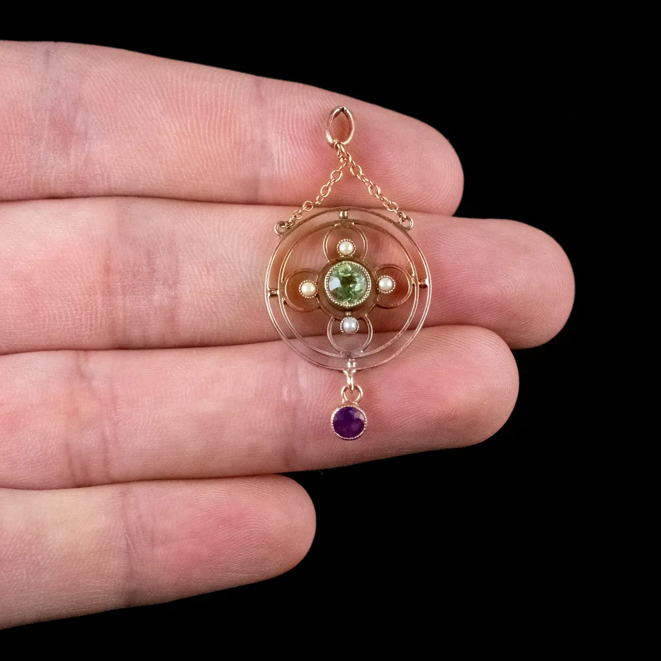 Antique Edwardian Suffragette Peridot Amethyst Pendant 9Ct Gold Circa 1910