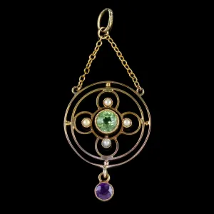Antique Edwardian Suffragette Peridot Amethyst Pendant 9Ct Gold Circa 1910