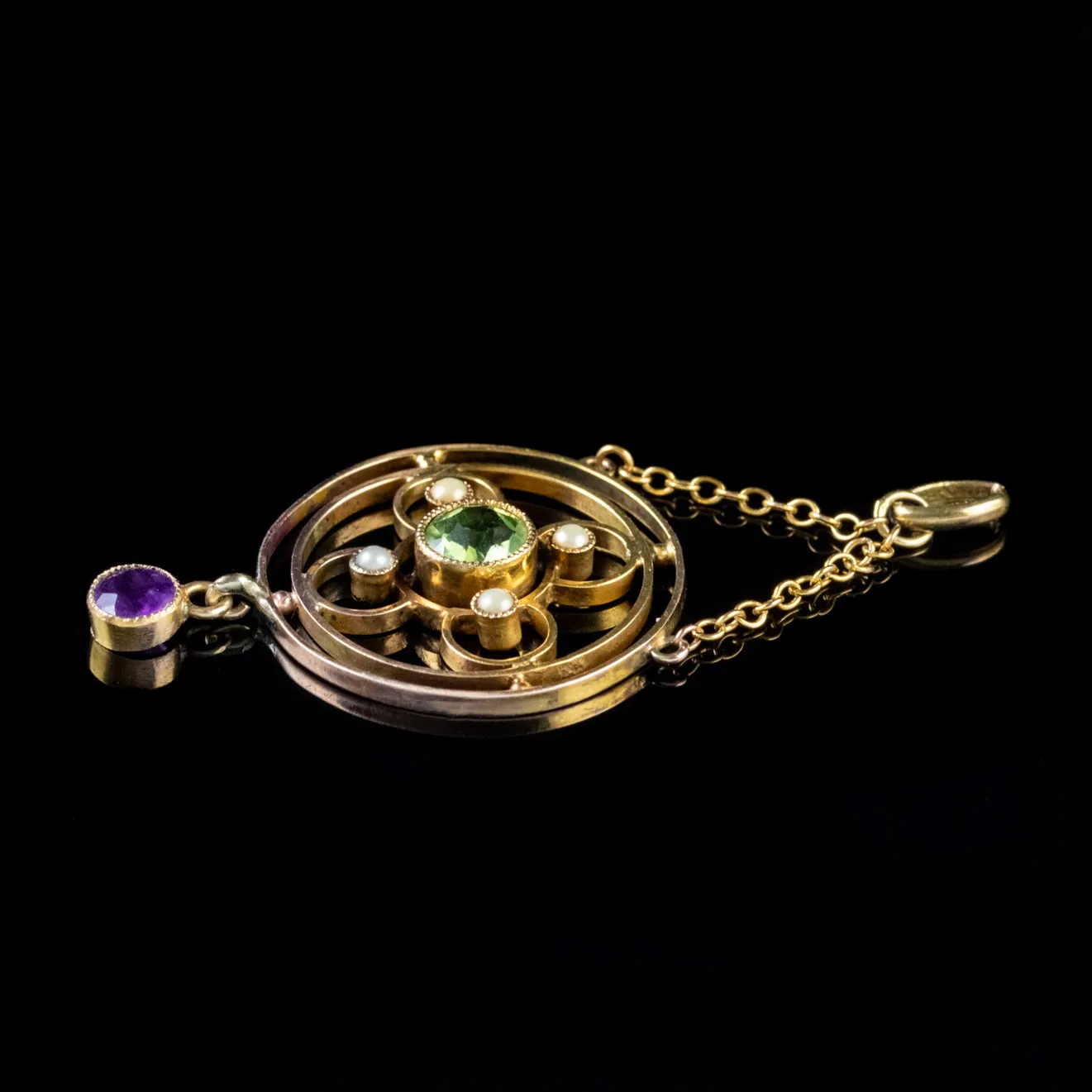 Antique Edwardian Suffragette Peridot Amethyst Pendant 9Ct Gold Circa 1910