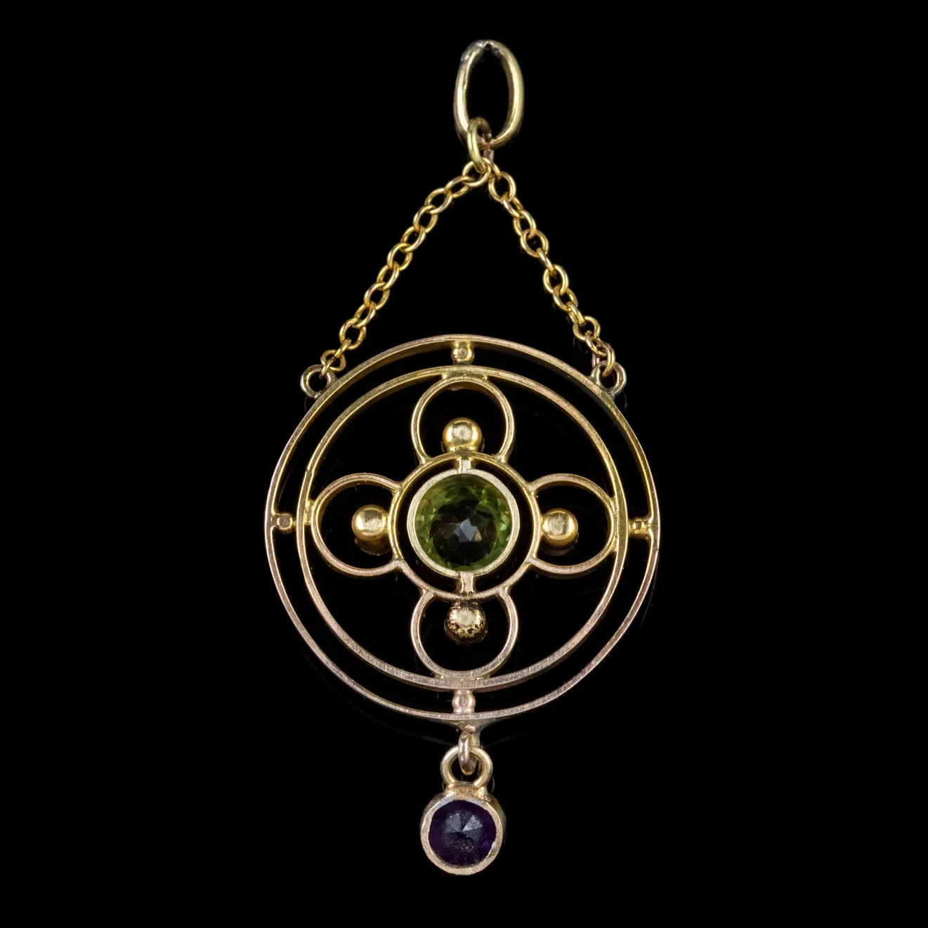 Antique Edwardian Suffragette Peridot Amethyst Pendant 9Ct Gold Circa 1910