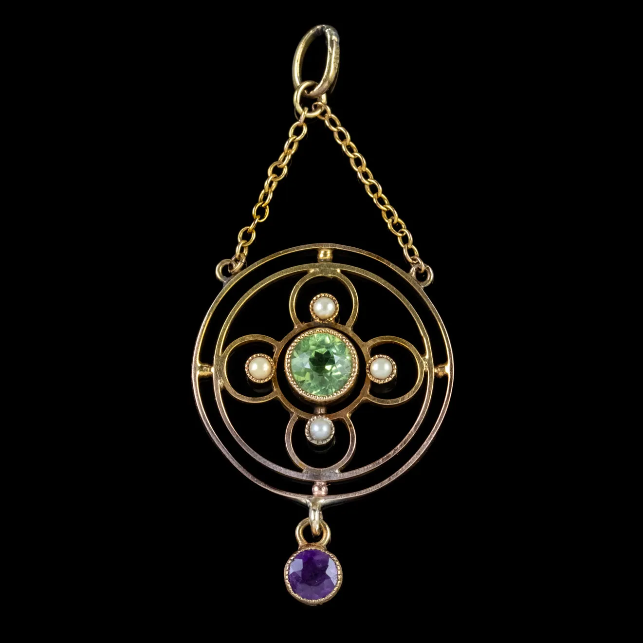 Antique Edwardian Suffragette Peridot Amethyst Pendant 9Ct Gold Circa 1910