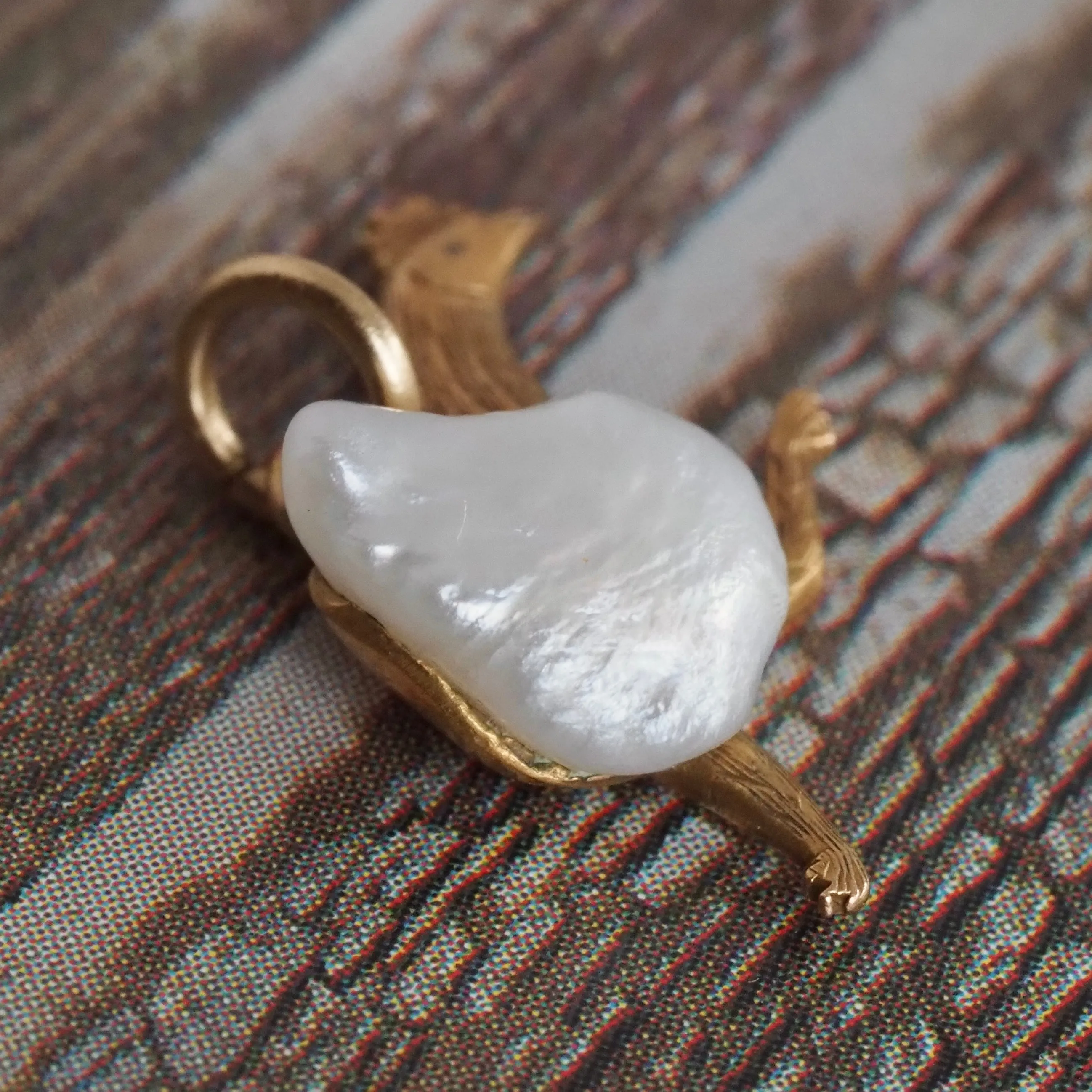 Antique Running Chicken River Pearl 14k Gold Charm