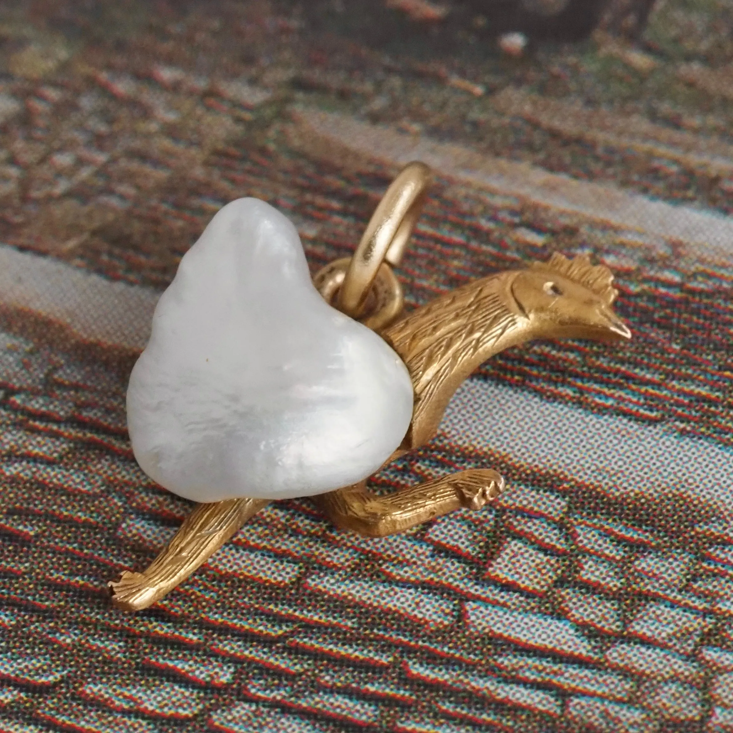 Antique Running Chicken River Pearl 14k Gold Charm
