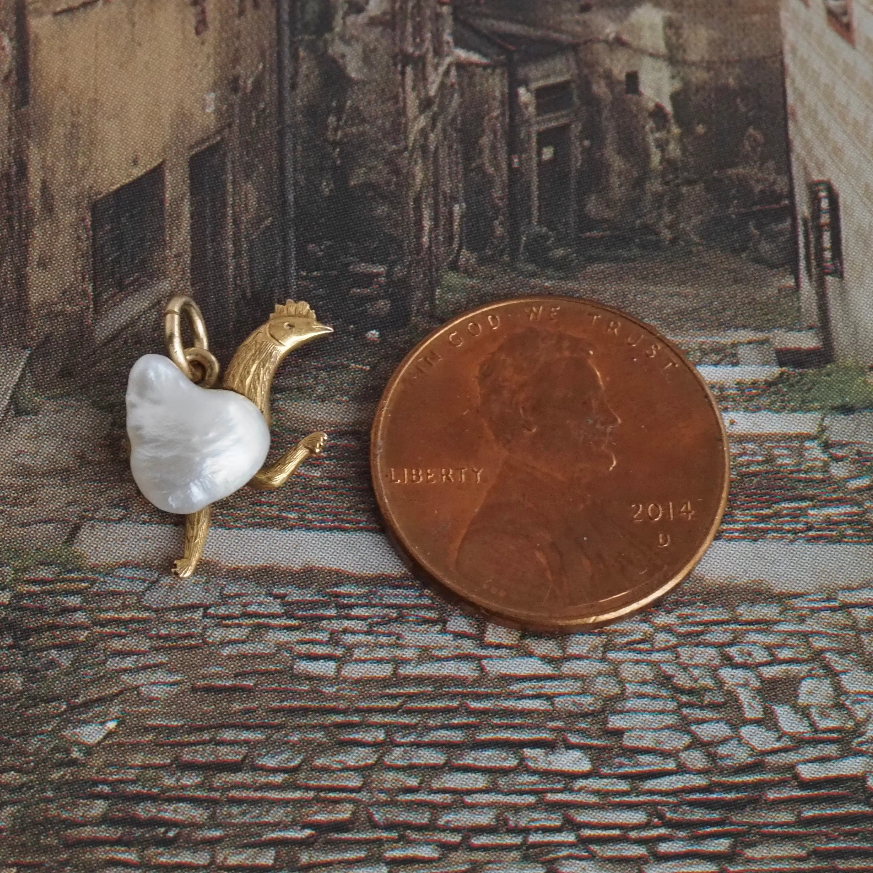 Antique Running Chicken River Pearl 14k Gold Charm