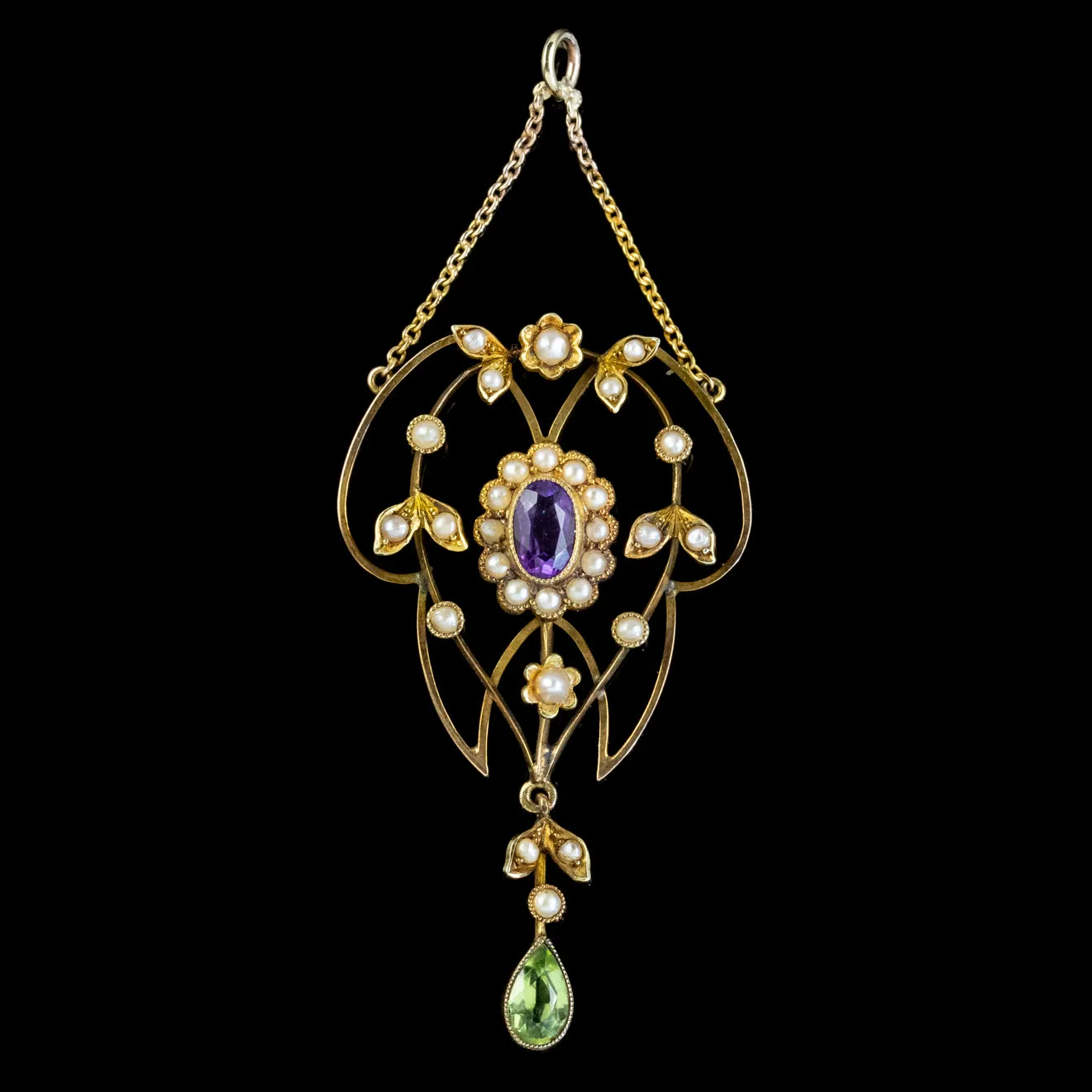 Antique Suffragette Floral Pendant Amethyst Peridot Pearl 9Ct Gold Circa 1910