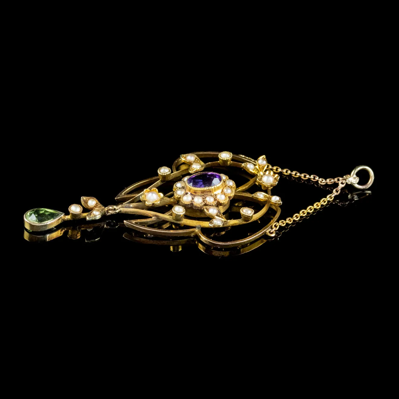 Antique Suffragette Floral Pendant Amethyst Peridot Pearl 9Ct Gold Circa 1910