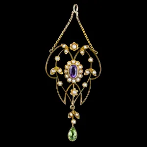 Antique Suffragette Floral Pendant Amethyst Peridot Pearl 9Ct Gold Circa 1910