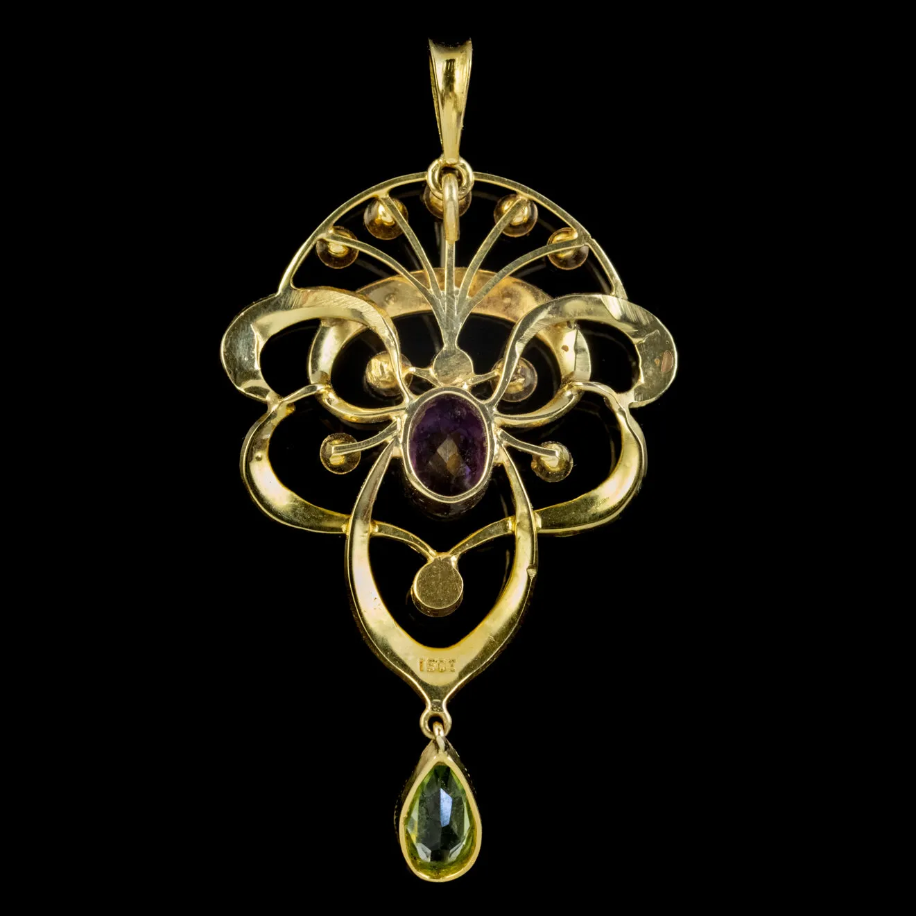 Antique Suffragette Pearl Pendant Amethyst Peridot 15Ct Gold Circa 1910