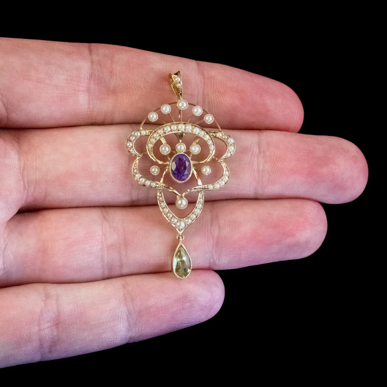 Antique Suffragette Pearl Pendant Amethyst Peridot 15Ct Gold Circa 1910