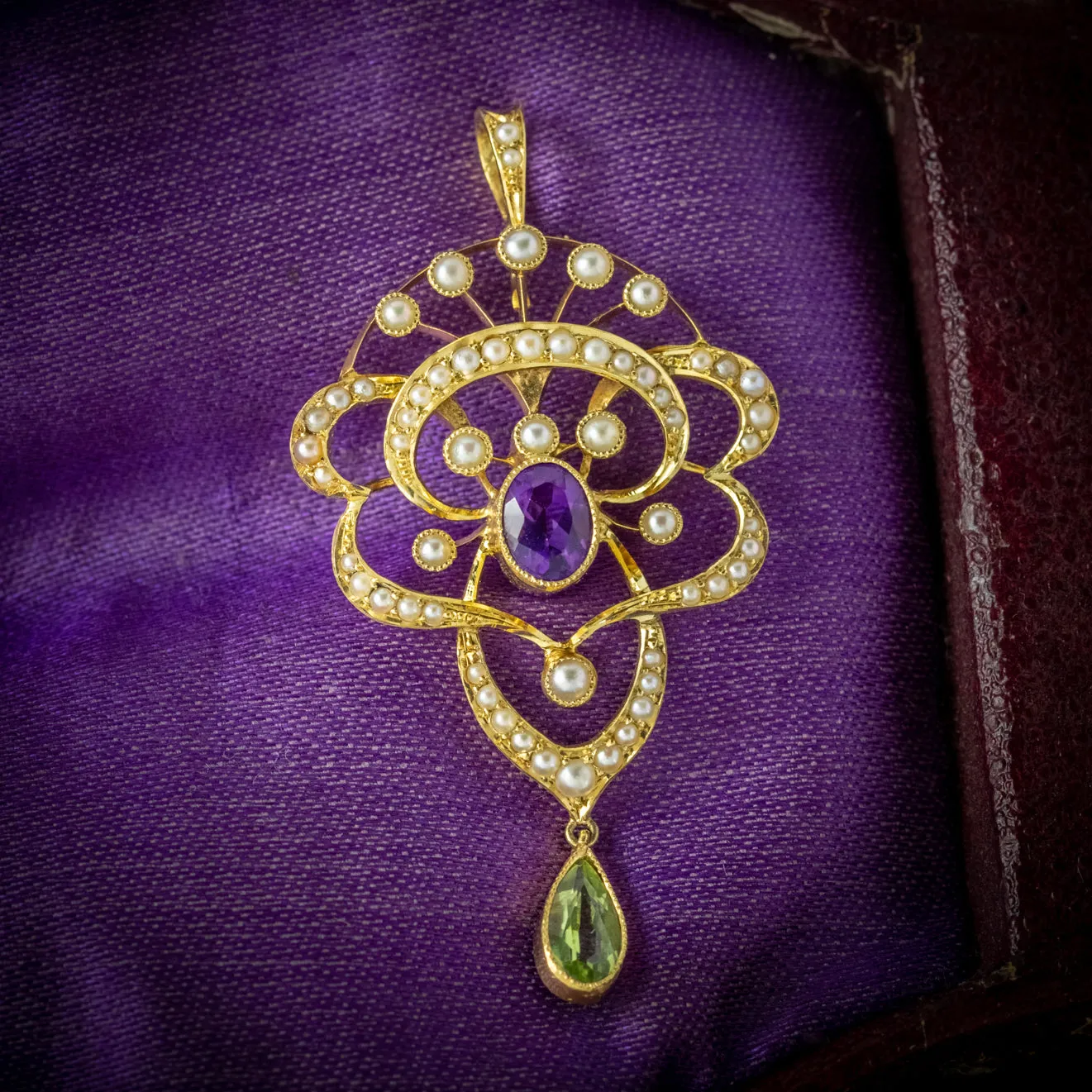 Antique Suffragette Pearl Pendant Amethyst Peridot 15Ct Gold Circa 1910