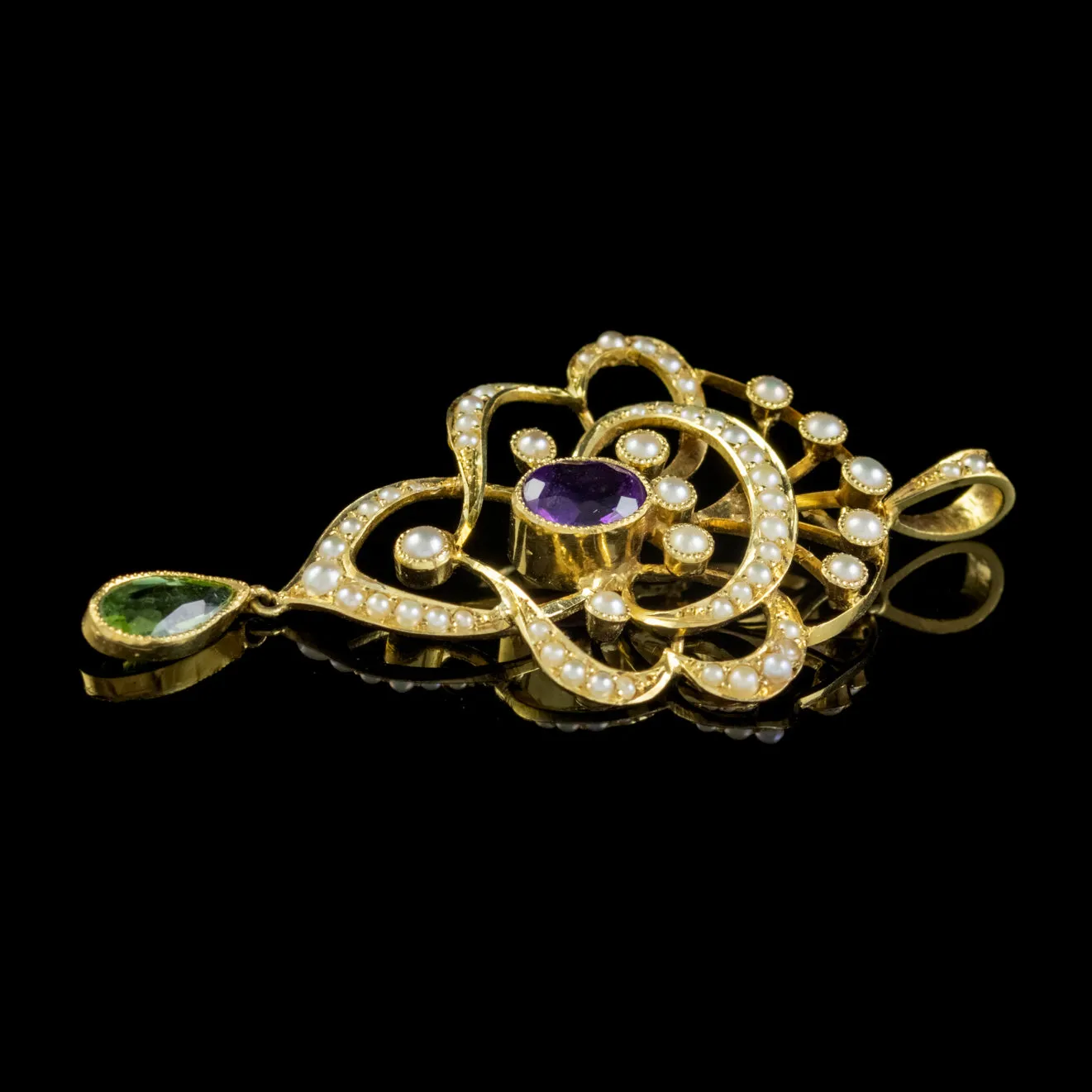 Antique Suffragette Pearl Pendant Amethyst Peridot 15Ct Gold Circa 1910