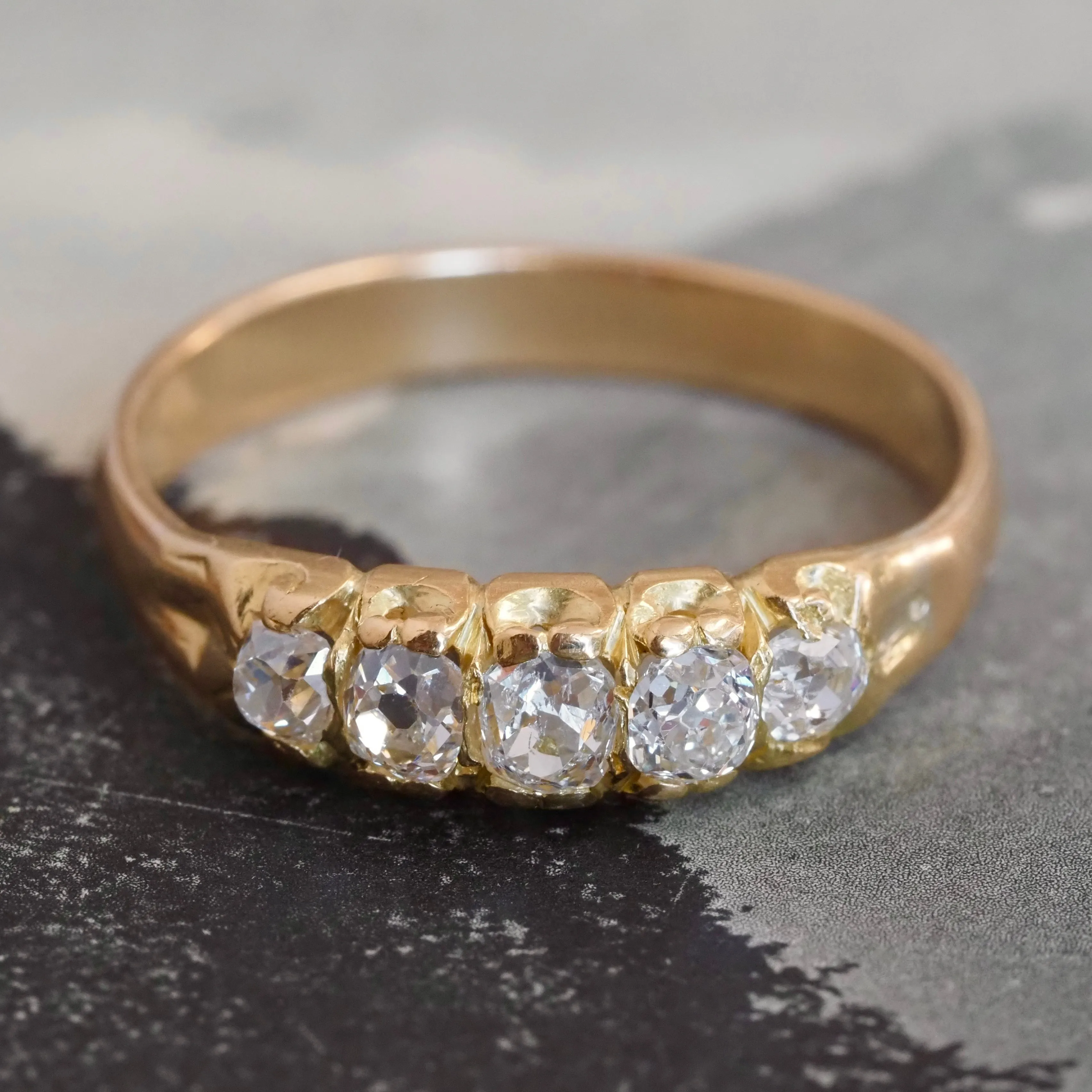Antique Victorian 18k Gold Old Mine Cut and Single Cut Five Stone Half Hoop Diamond Ring