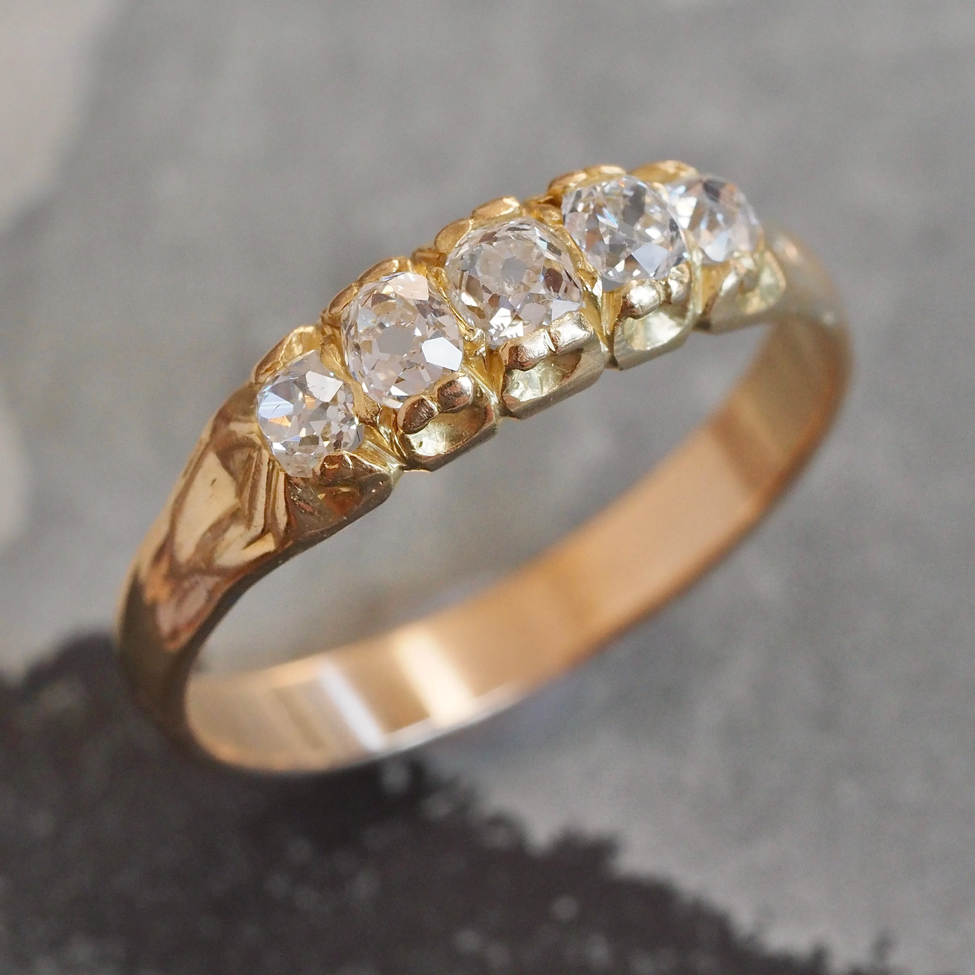 Antique Victorian 18k Gold Old Mine Cut and Single Cut Five Stone Half Hoop Diamond Ring