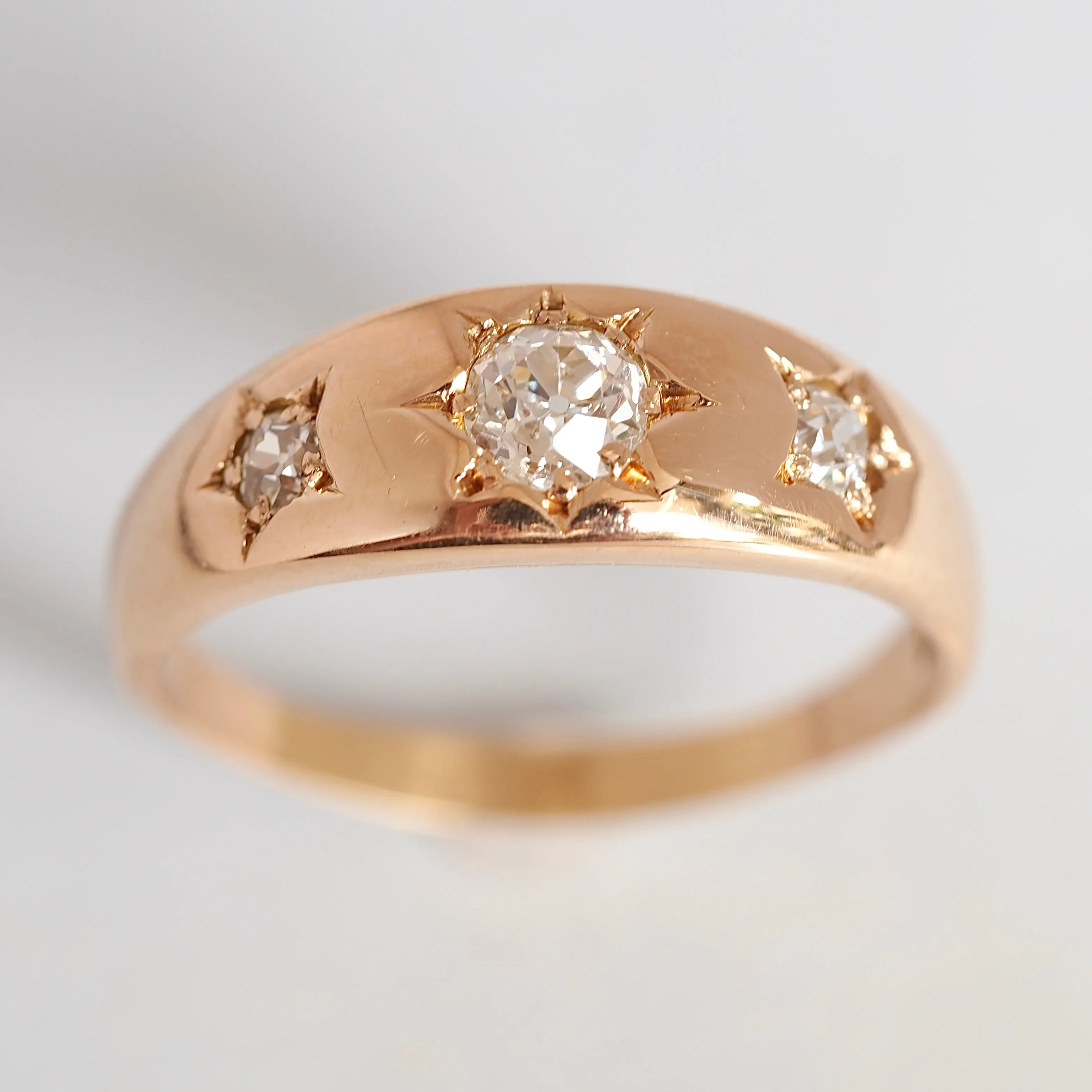 Antique Victorian 18k Gold Old Mine Cut Starburst Trilogy Flush Set Ring