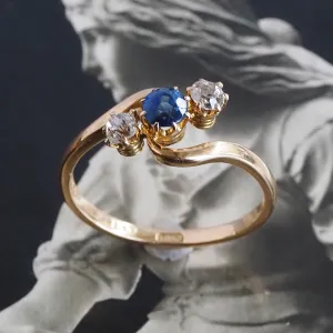 Antique Victorian 18k Gold Sapphire & Old Mine Cut Diamond Trilogy Ring