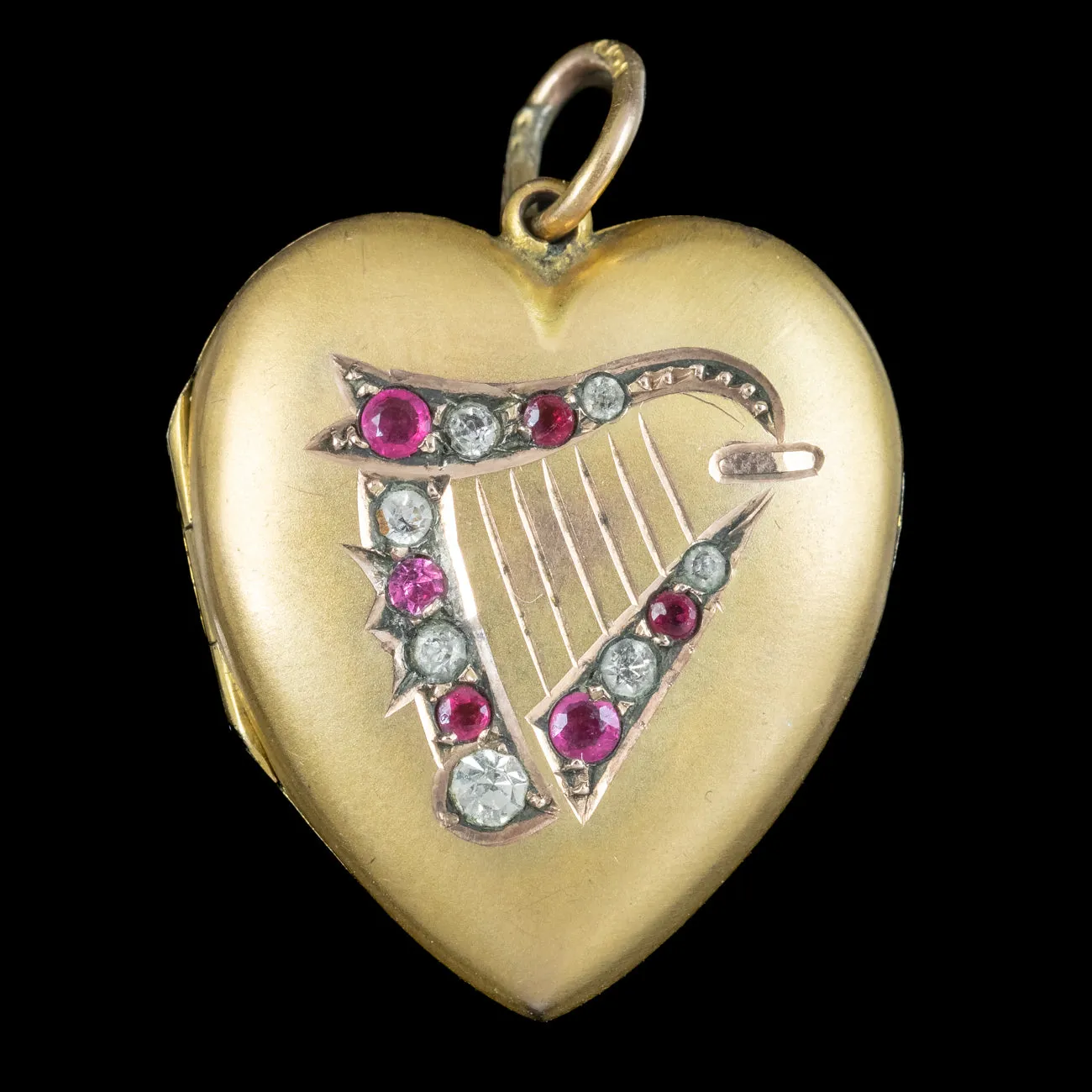 Antique Victorian Paste Lyre Heart Locket 9ct Gold Back And Front Circa 1900