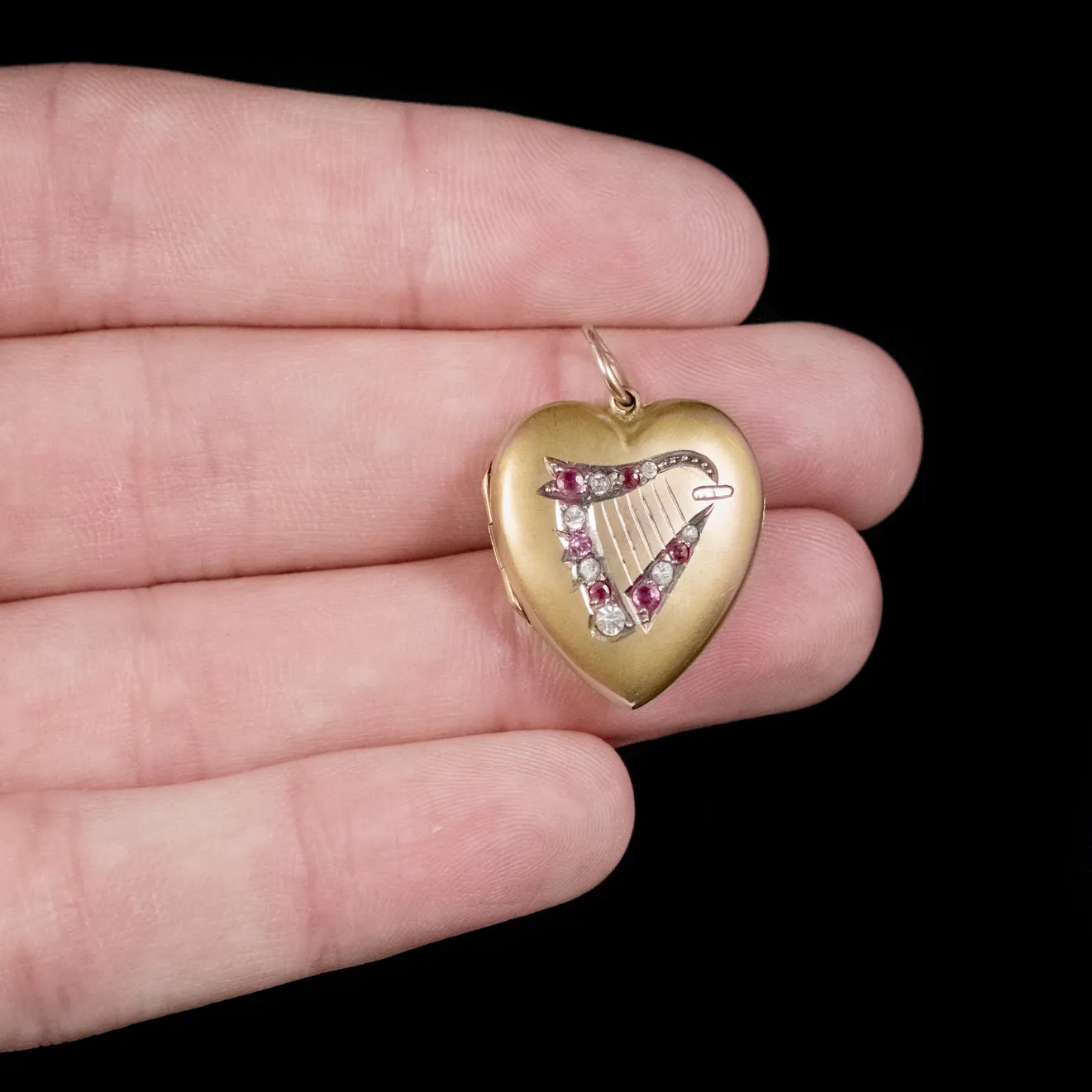 Antique Victorian Paste Lyre Heart Locket 9ct Gold Back And Front Circa 1900