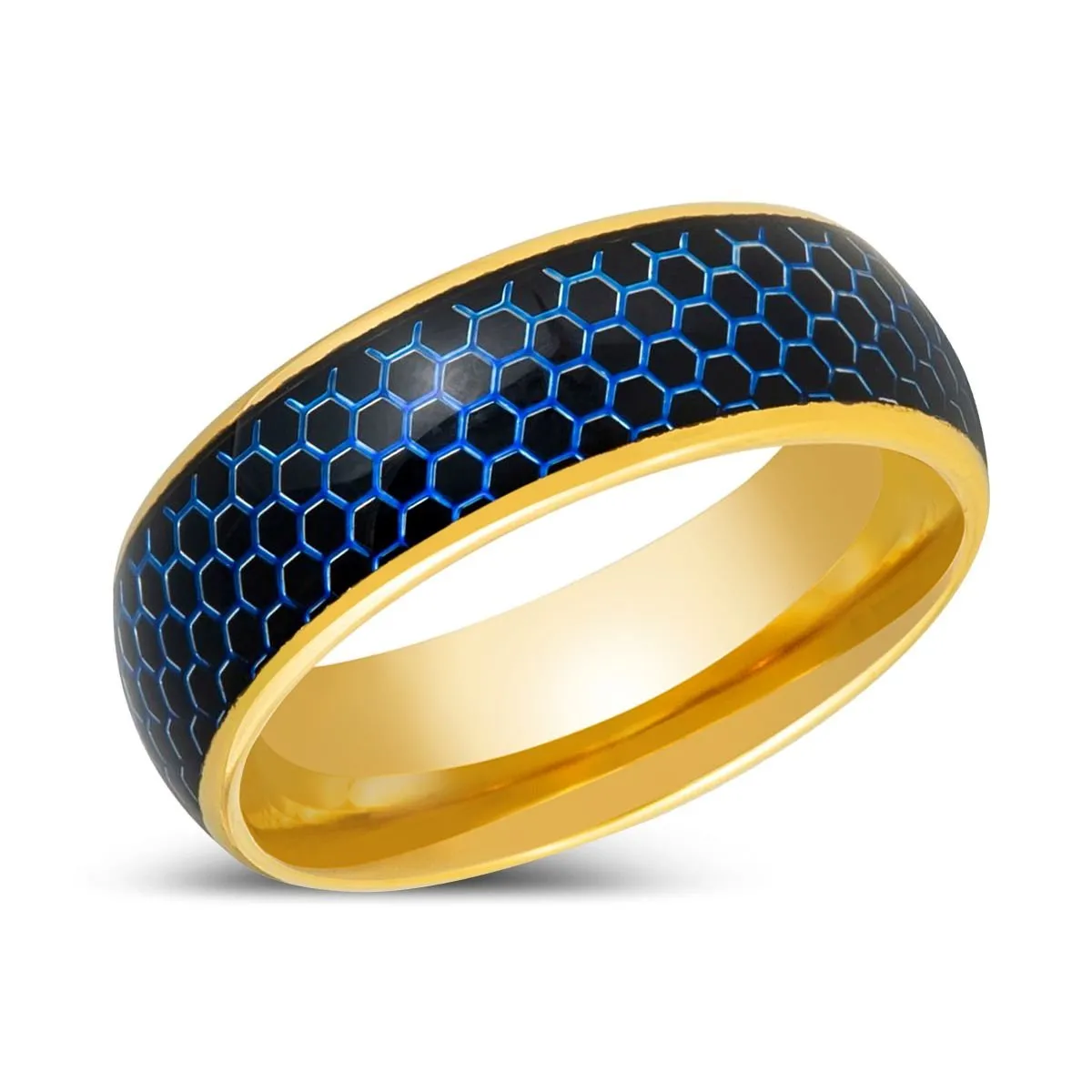 AQUAHEX | Gold Tungsten Ring, Domed Ring, Blue Honeycomb Cutout