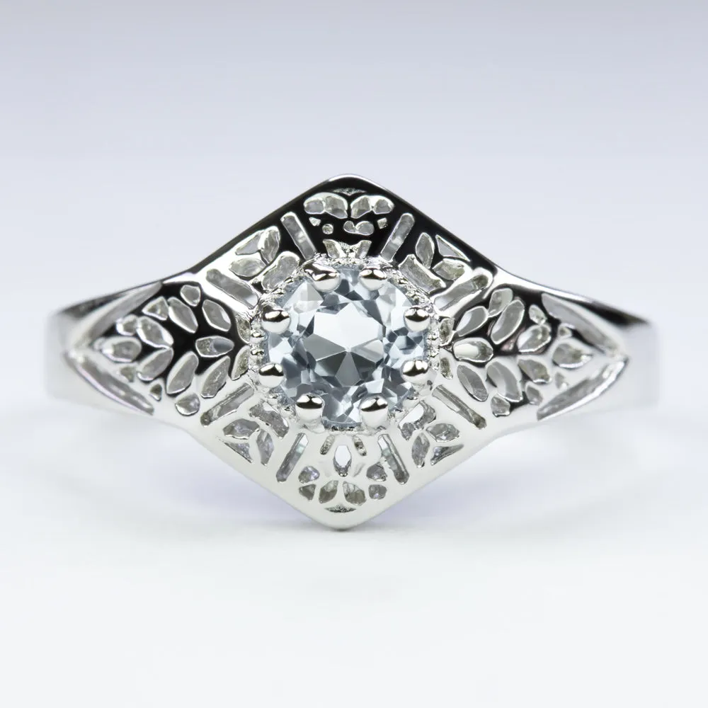 AQUAMARINE STERLING SILVER RING VINTAGE STYLE FILIGREE GEMSTONE ART DECO ROUND