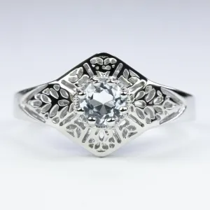 AQUAMARINE STERLING SILVER RING VINTAGE STYLE FILIGREE GEMSTONE ART DECO ROUND