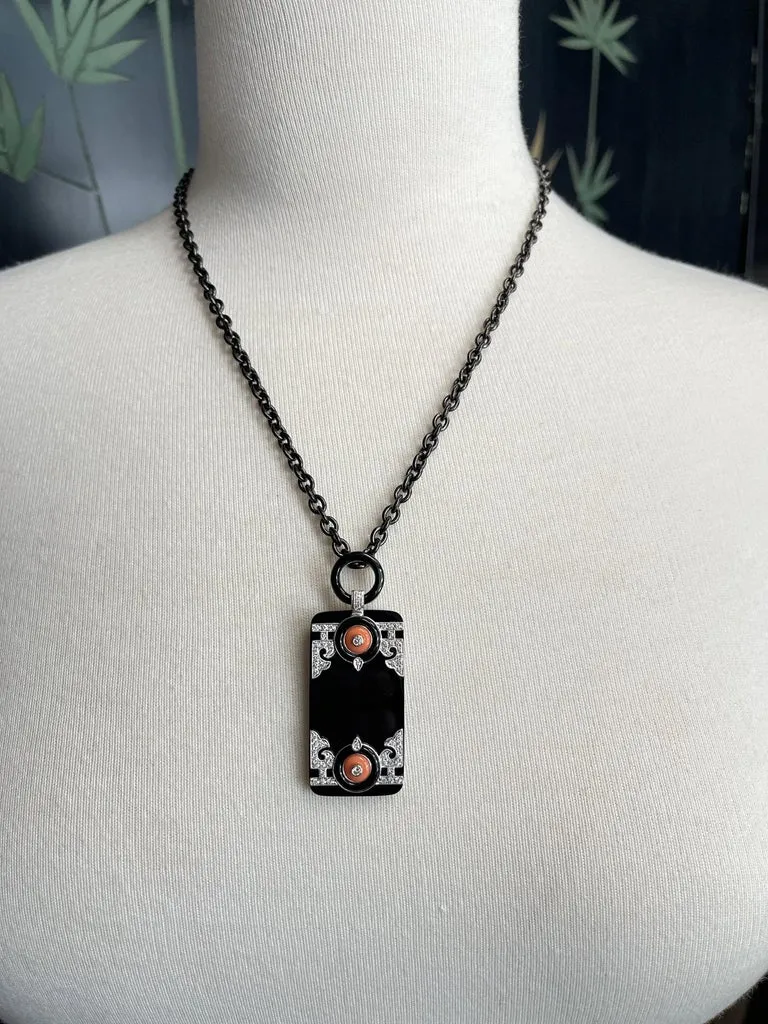 Art Deco Style Coral, Diamond, Onyx and White Gold Pendant w/ Steel Chain