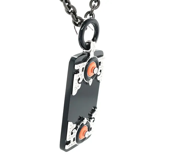 Art Deco Style Coral, Diamond, Onyx and White Gold Pendant w/ Steel Chain