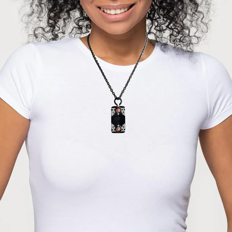 Art Deco Style Coral, Diamond, Onyx and White Gold Pendant w/ Steel Chain