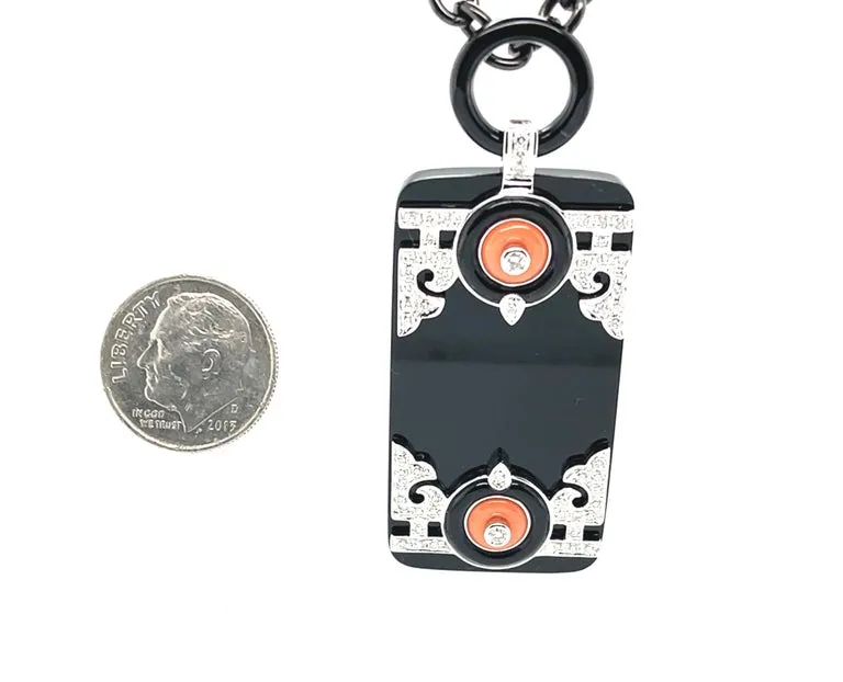 Art Deco Style Coral, Diamond, Onyx and White Gold Pendant w/ Steel Chain