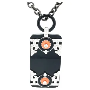 Art Deco Style Coral, Diamond, Onyx and White Gold Pendant w/ Steel Chain