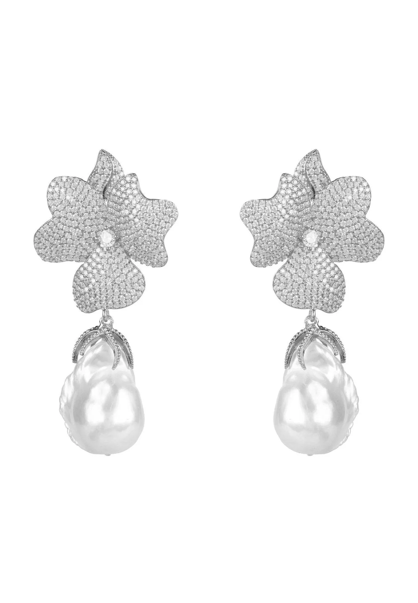 Baroque Pearl White Flower Drop Earring Silver