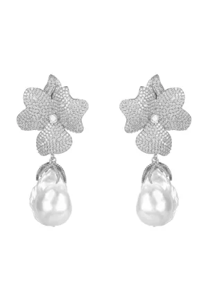 Baroque Pearl White Flower Drop Earring Silver
