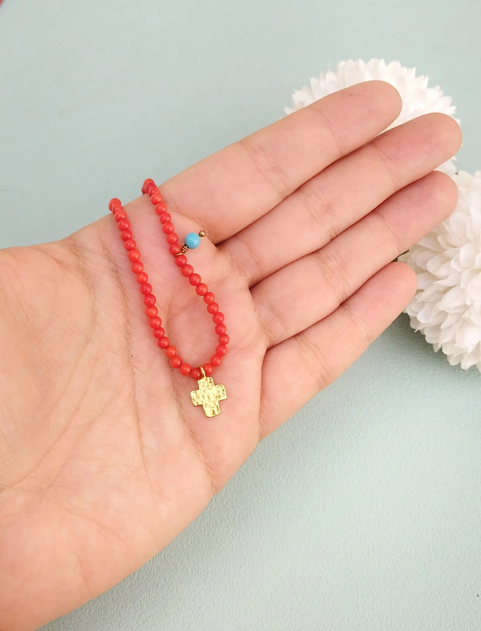 Beaded Gemstone Square Cross Necklace, Cute 18k Gold Plated Silver Cross Charm In Tiny Beads Necklace