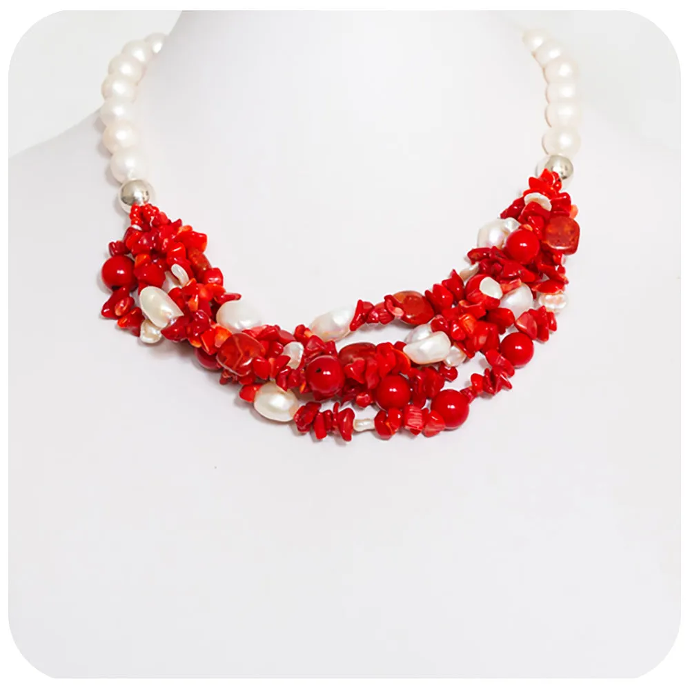 Bright Red Coral and Fresh Water Pearl Necklace