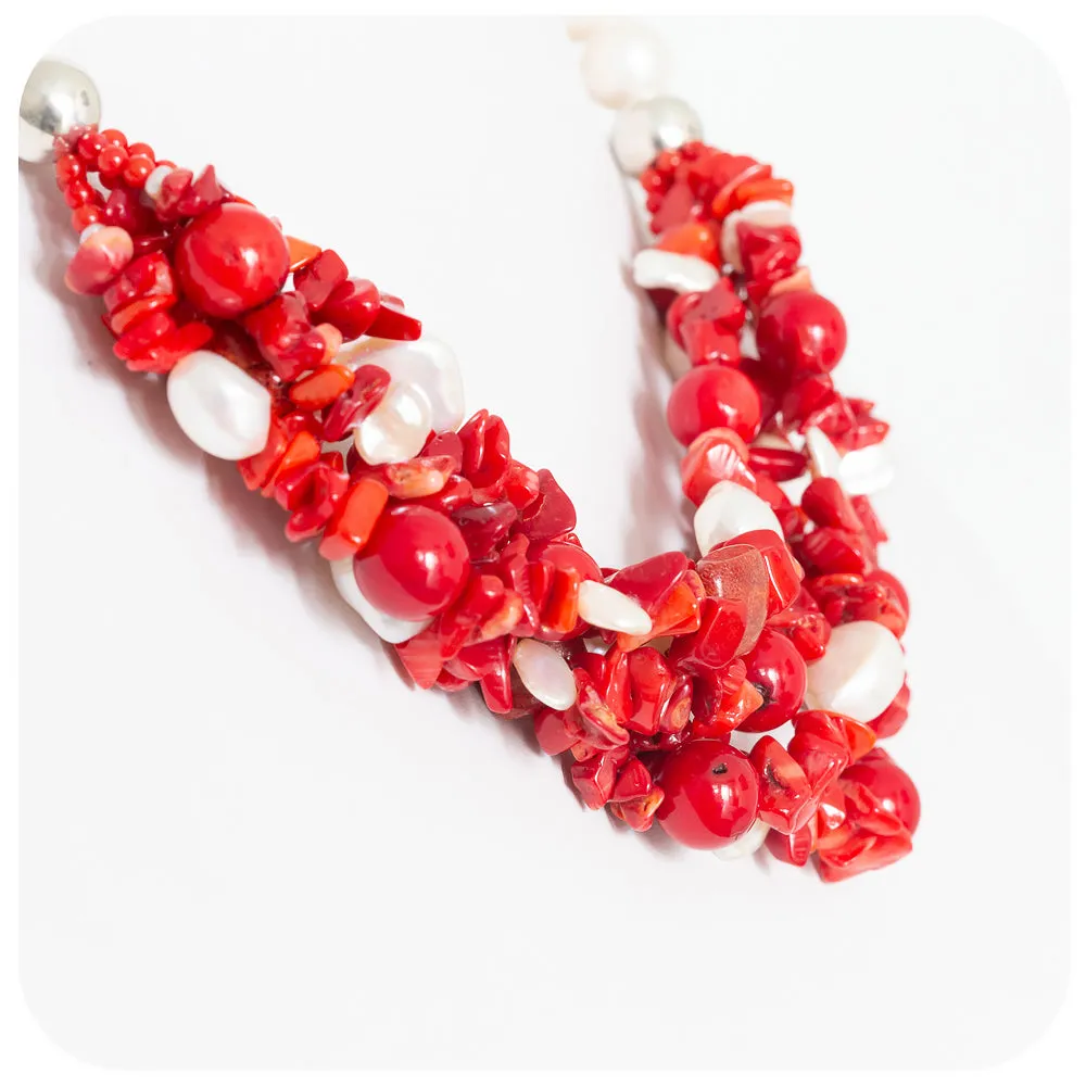 Bright Red Coral and Fresh Water Pearl Necklace