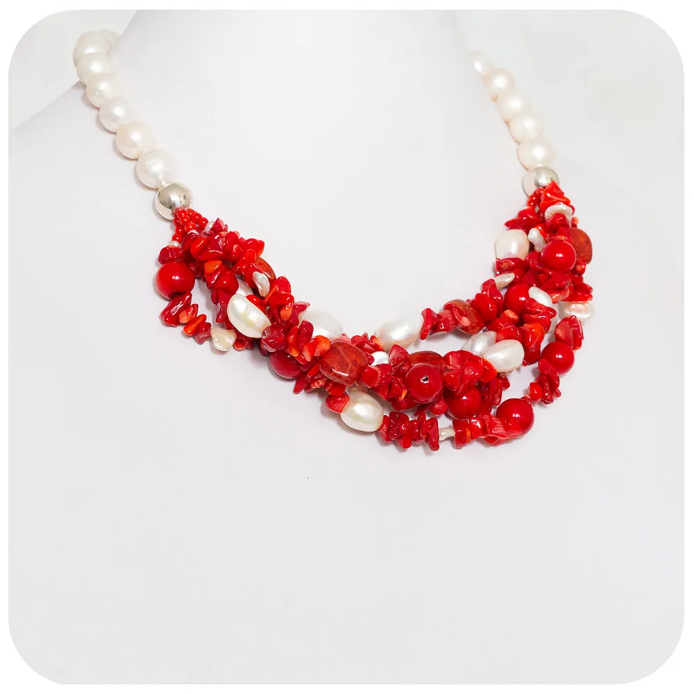 Bright Red Coral and Fresh Water Pearl Necklace