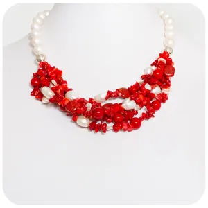 Bright Red Coral and Fresh Water Pearl Necklace