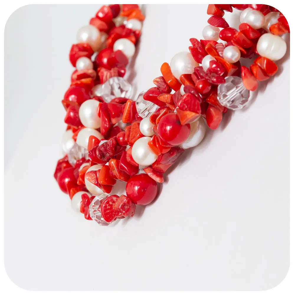 Bright Red Coral, Crystal and Fresh Water Pearl Necklace