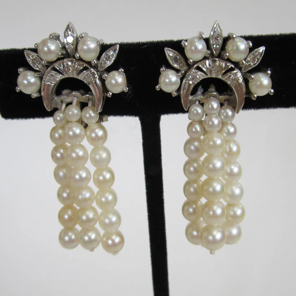 Circa 1950s 14K White Gold, Diamond and Cultured Pearl Earrings