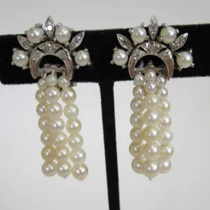 Circa 1950s 14K White Gold, Diamond and Cultured Pearl Earrings
