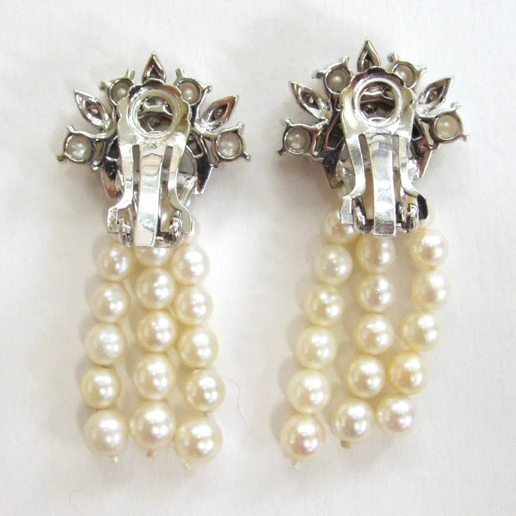 Circa 1950s 14K White Gold, Diamond and Cultured Pearl Earrings