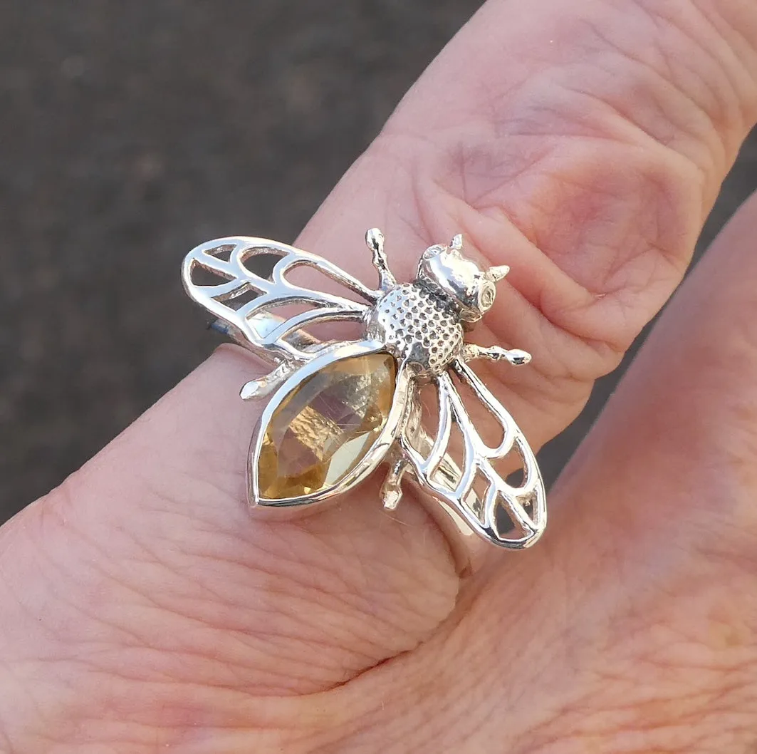 Citrine Bee Ring, 925 Sterling Silver, Size 6.75