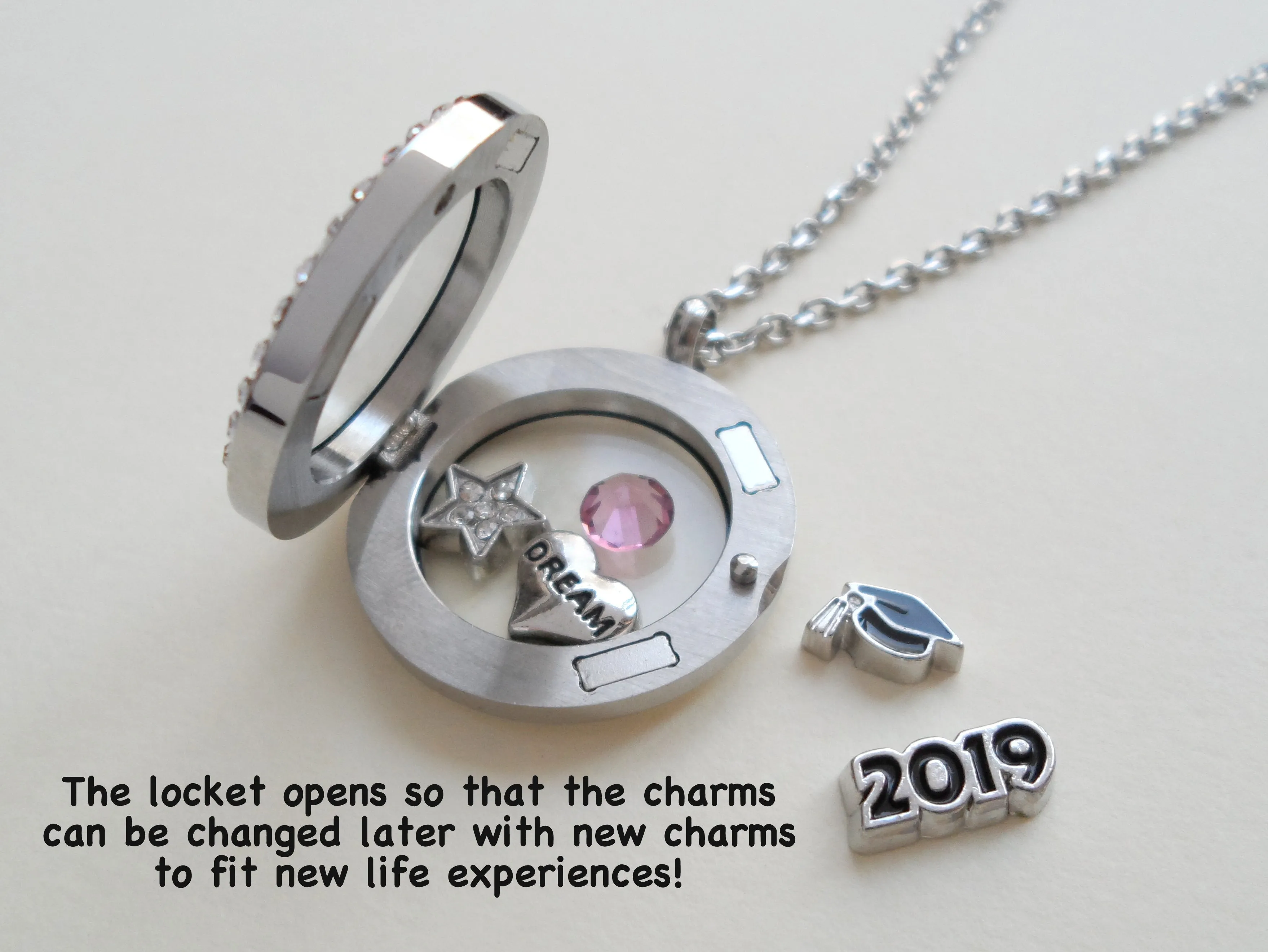 Class of 2025 Graduate Locket Necklace with Graduate Cap, 2025 Heart Charm, and Custom Letter & Birthstone - by Jewelry Everyday (Rose Gold Plain Edge Locket)