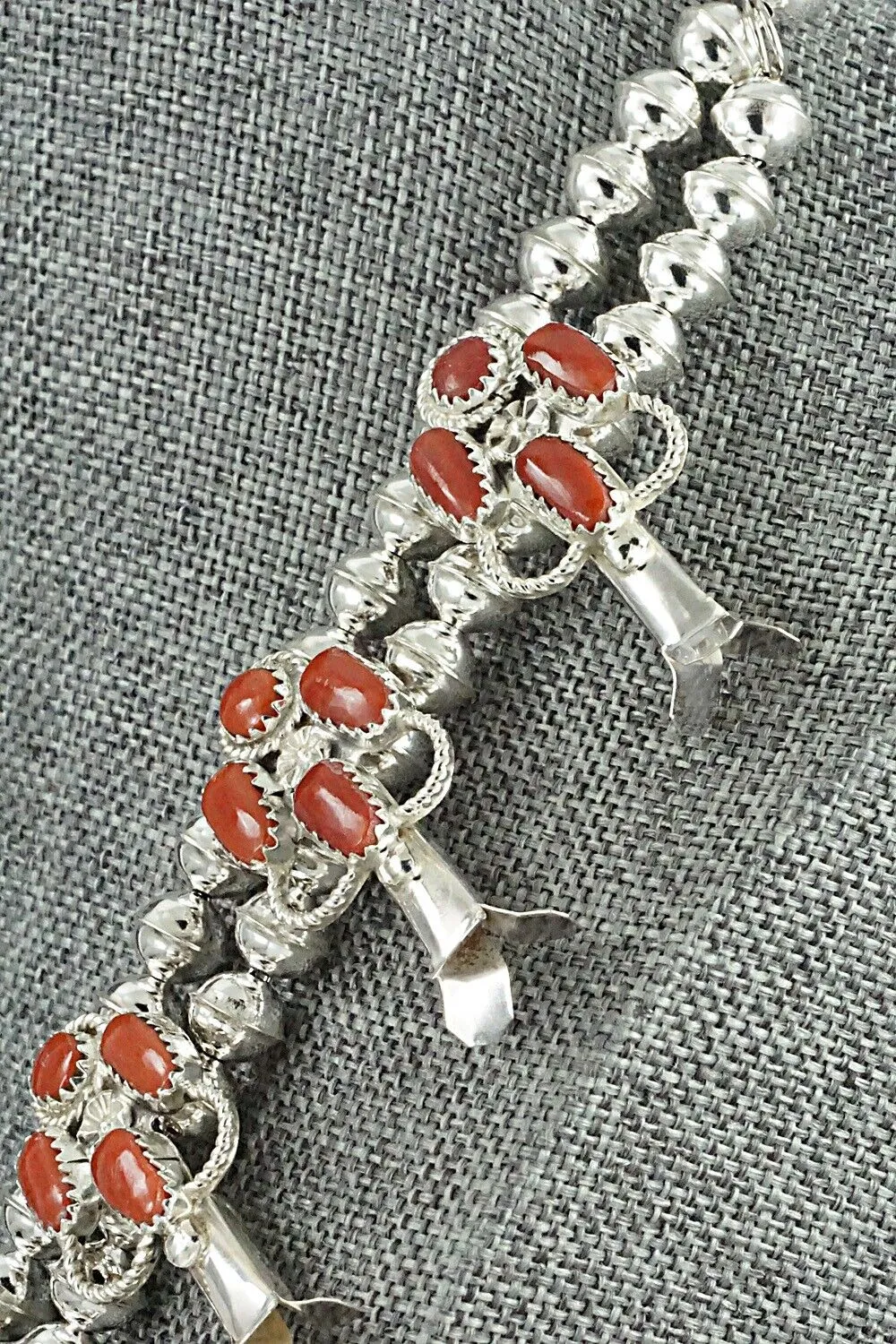 Coral & Sterling Silver Squash Blossom Set - Claudine Penketewa