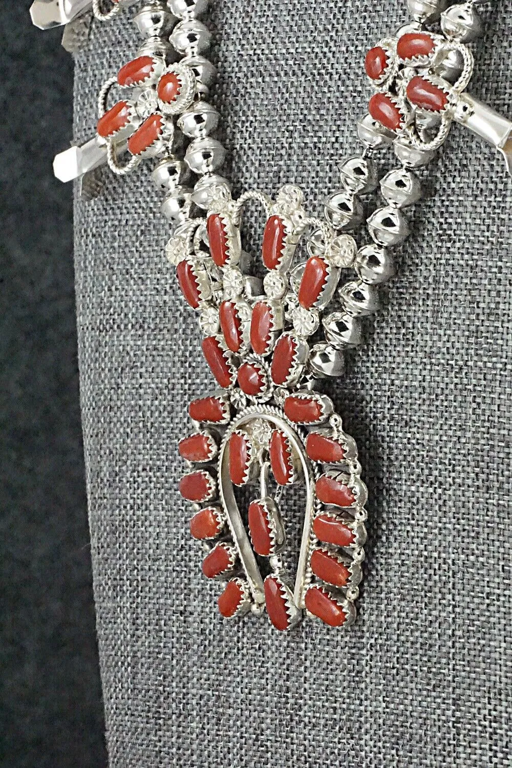 Coral & Sterling Silver Squash Blossom Set - Claudine Penketewa