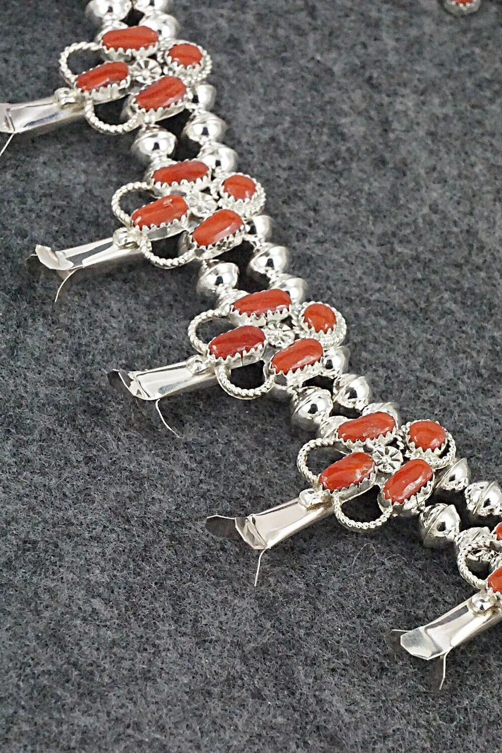 Coral & Sterling Silver Squash Blossom Set - Claudine Penketewa