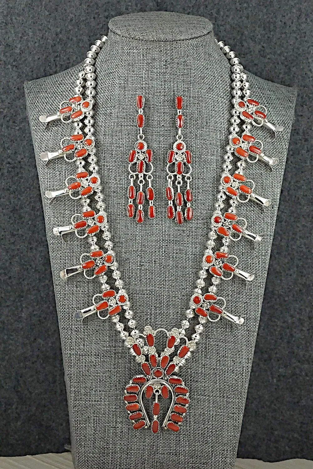 Coral & Sterling Silver Squash Blossom Set - Claudine Penketewa