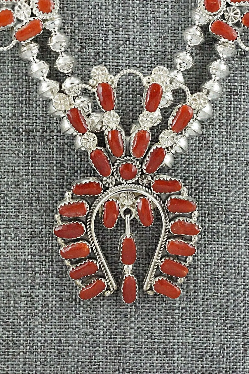 Coral & Sterling Silver Squash Blossom Set - Claudine Penketewa