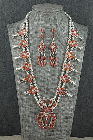 Coral & Sterling Silver Squash Blossom Set - Claudine Penketewa
