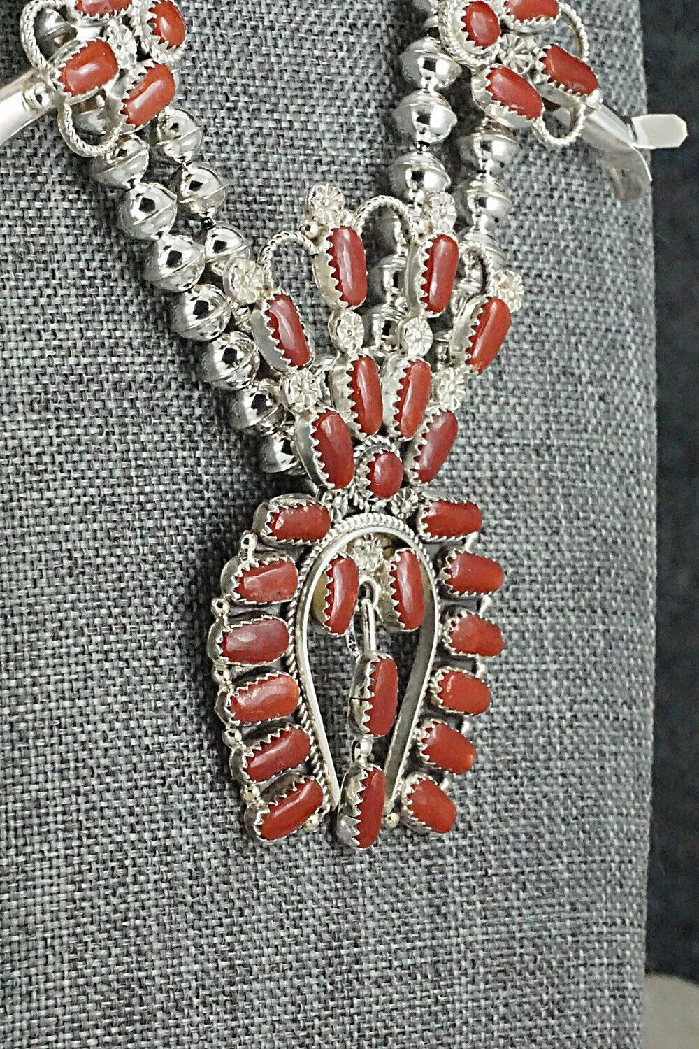 Coral & Sterling Silver Squash Blossom Set - Claudine Penketewa