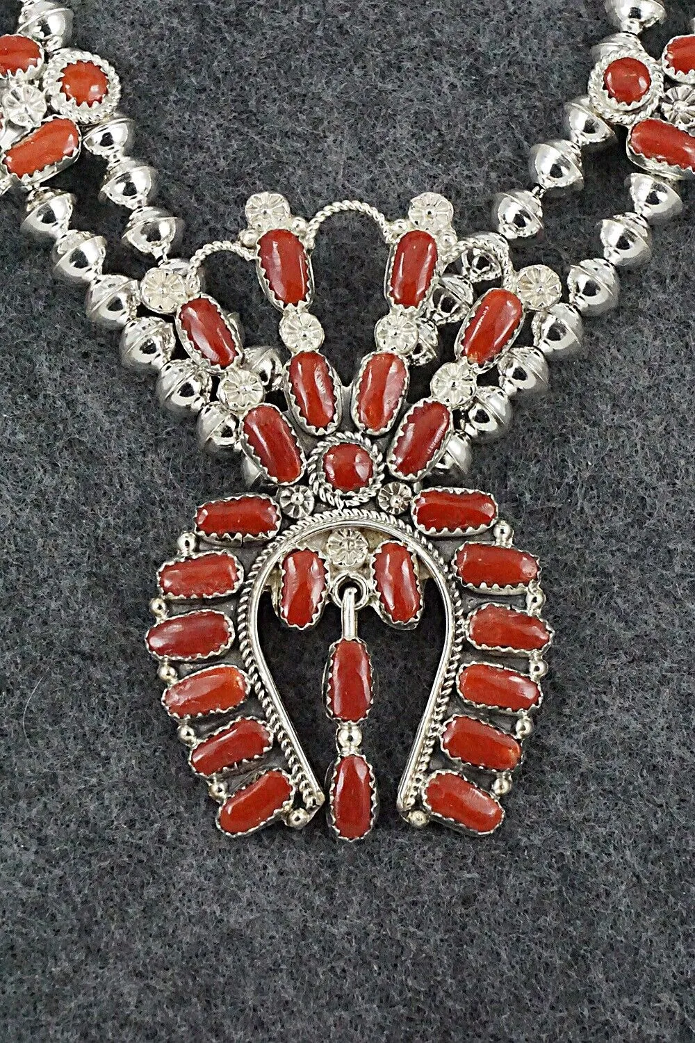 Coral & Sterling Silver Squash Blossom Set - Claudine Penketewa